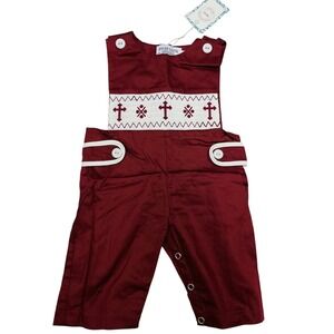 NWT Rylee Faith Designs Romper Burgundy Smocked Cross Religious 3M Heirloom